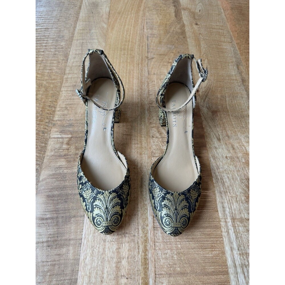 Talbots Black and Gold Brocade Ankle-Strap Pumps